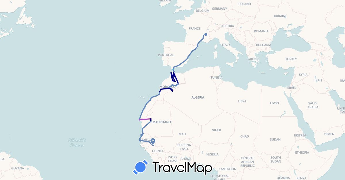 TravelMap itinerary: driving, cycling, train, boat in Spain, France, Morocco, Mauritania, Senegal (Africa, Europe)